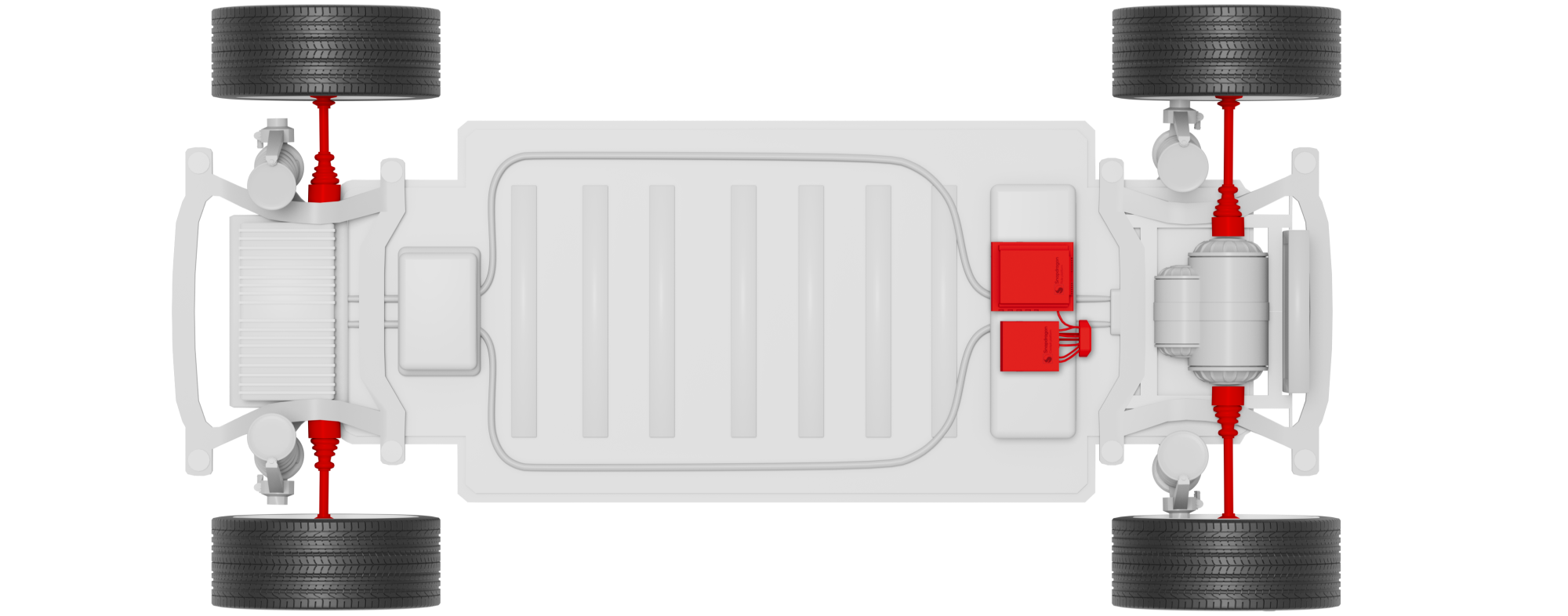 A top-down diagram of a car’s base. The parts responsible for automated driving are highlighted in red.